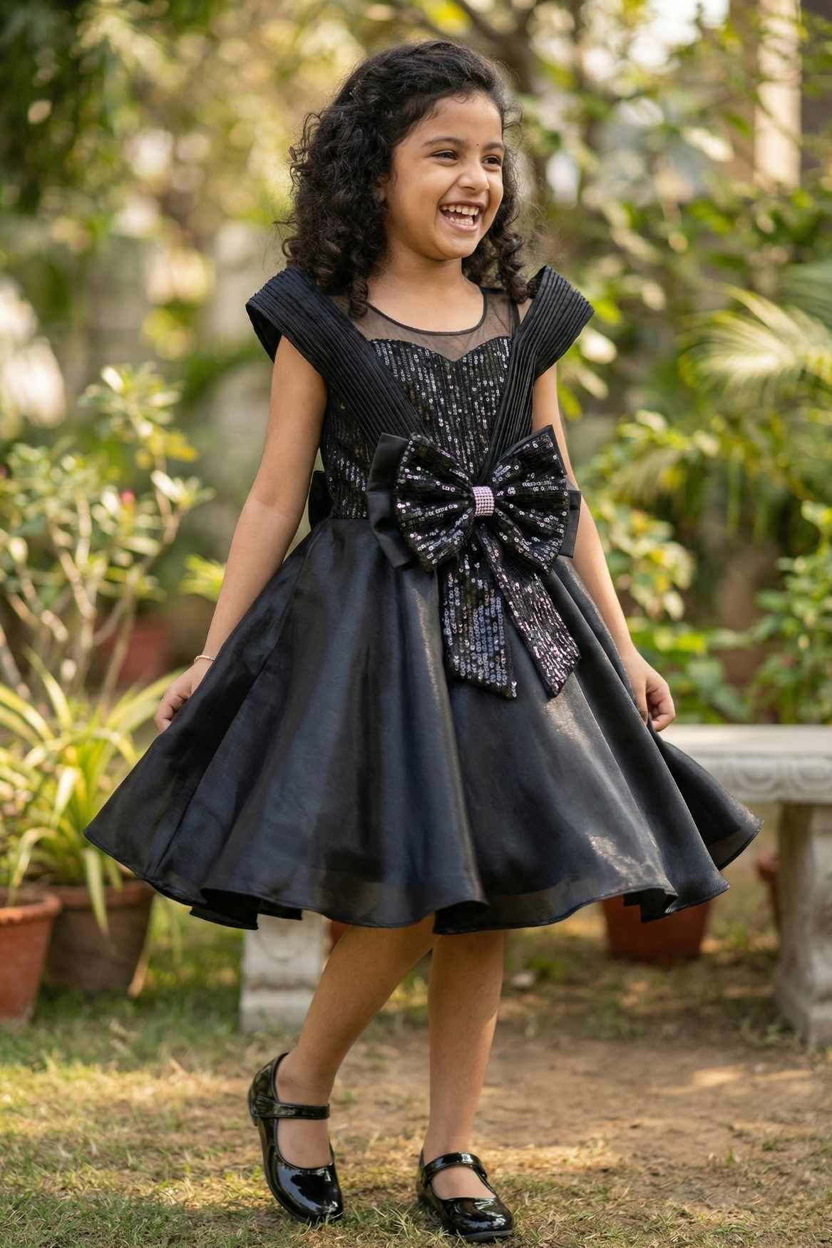 Black Embellished Party Wear Frock with Structured Shoulder Straps For Girls