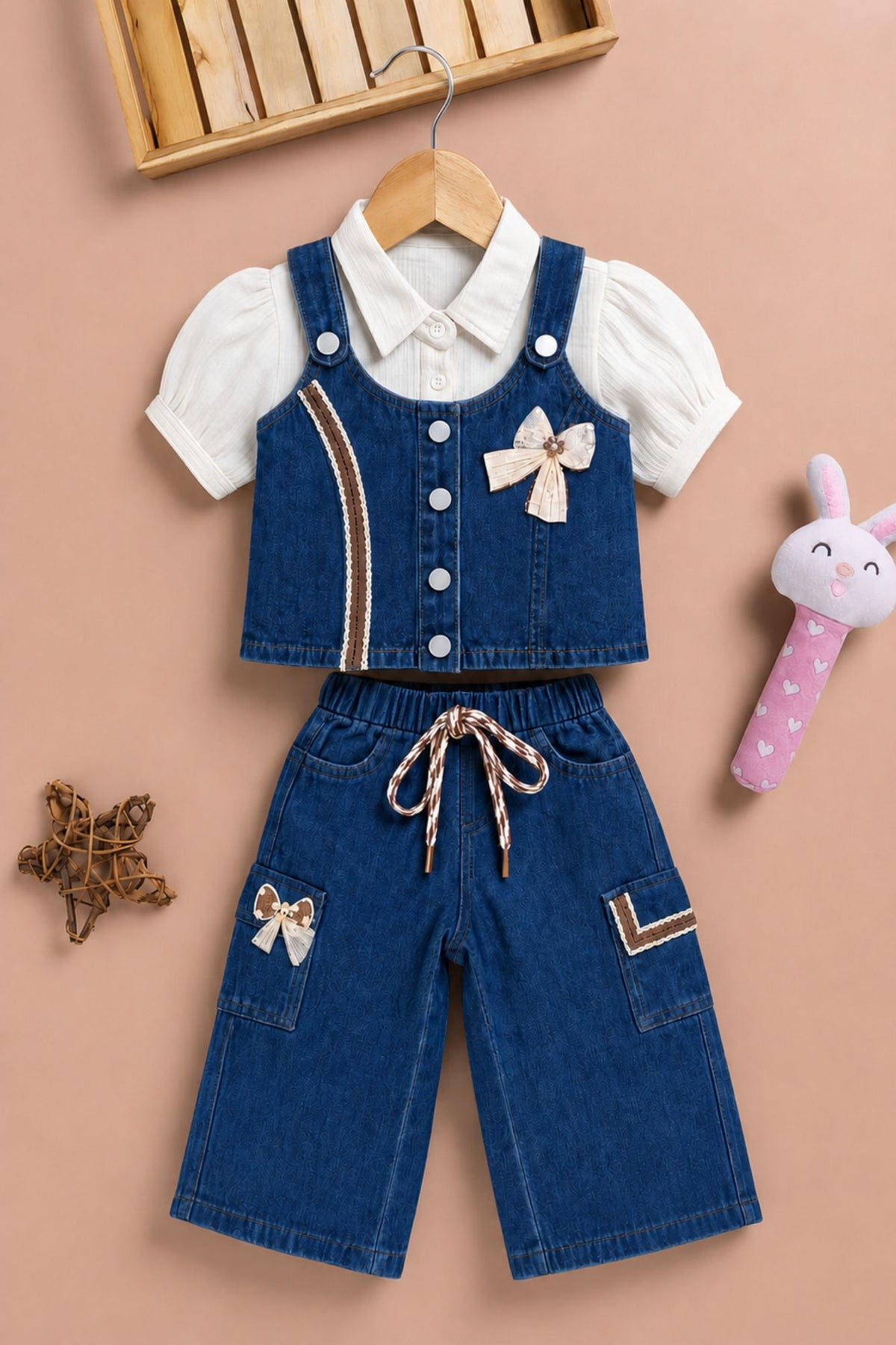 Girls Dark Blue Denim 3 Piece Co-Ord Set With Decorative Bow