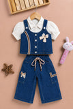 Girls Dark Blue Denim 3 Piece Co-Ord Set With Decorative Bow