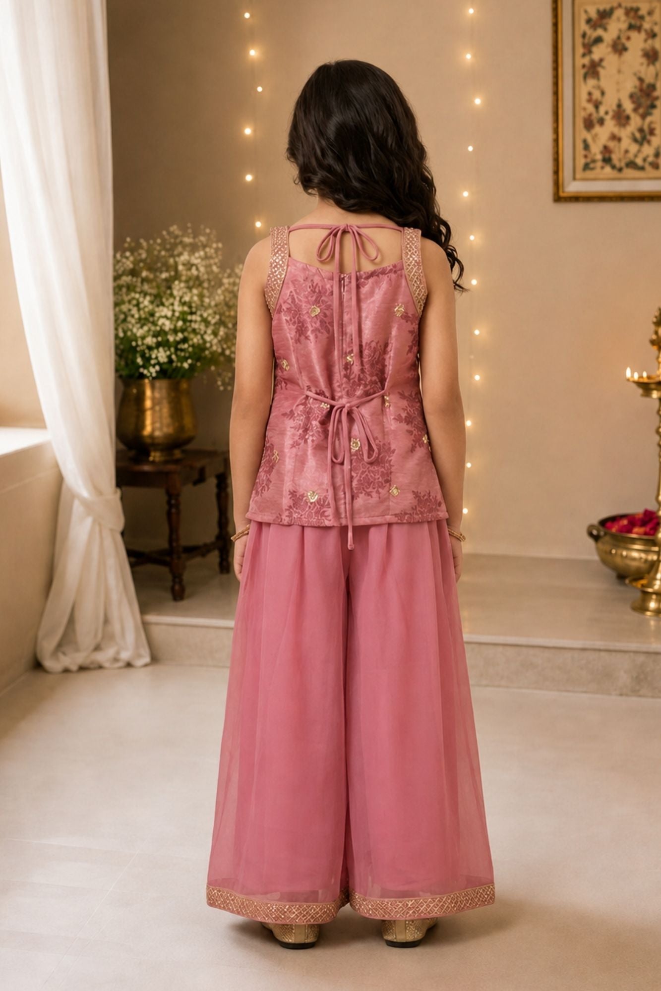 Pink Embroidered Kurti And Palazzo Set for Girls