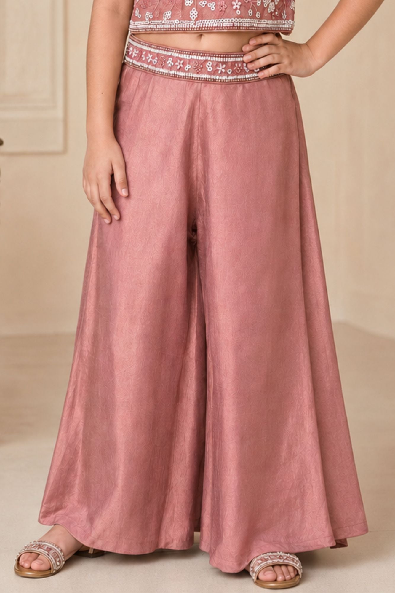 Blush Pink Floral Motif Sequined Crop Top with Palazzo Set and Dupatta