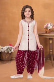 Cream and Maroon Embroidered Patiala Set with Dupatta For Girls