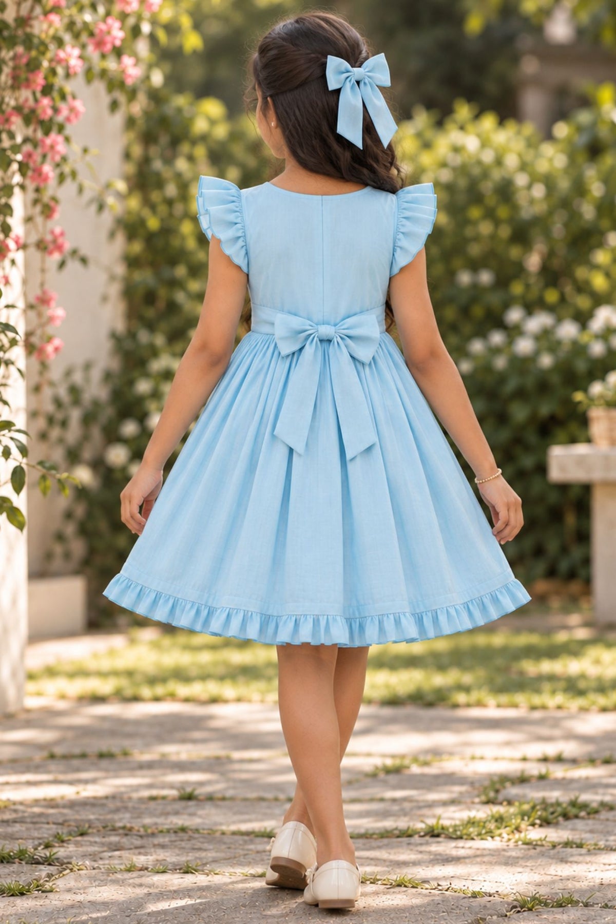 Girls Sky Blue Floral Embroidered Ruffle Sleeve Flared Dress