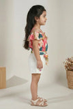Girls Multicolor Floral Off-Shoulder Top with White Shorts Co-Ord Set