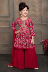 Rani Pink Printed And Sequined Sharara Set For Girls