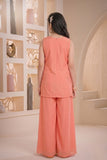 Coral Peach Embroidered Georgette Palazzo Set For Girls