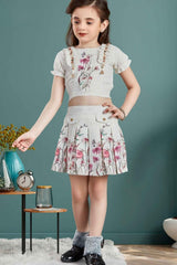 Cream Floral Printed Crop Top And Skirt Set For Girls