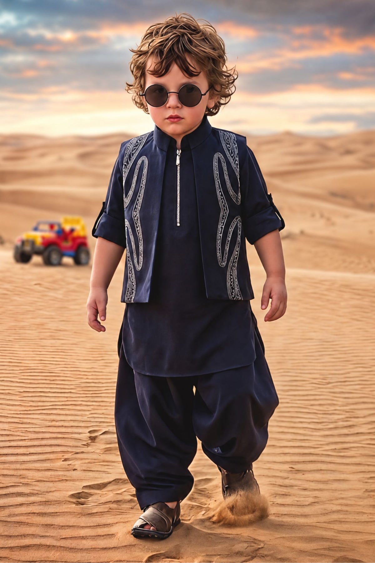 Boys Navy Blue With Silver Embellished Jacket Kurta Set With Nehru Jacket