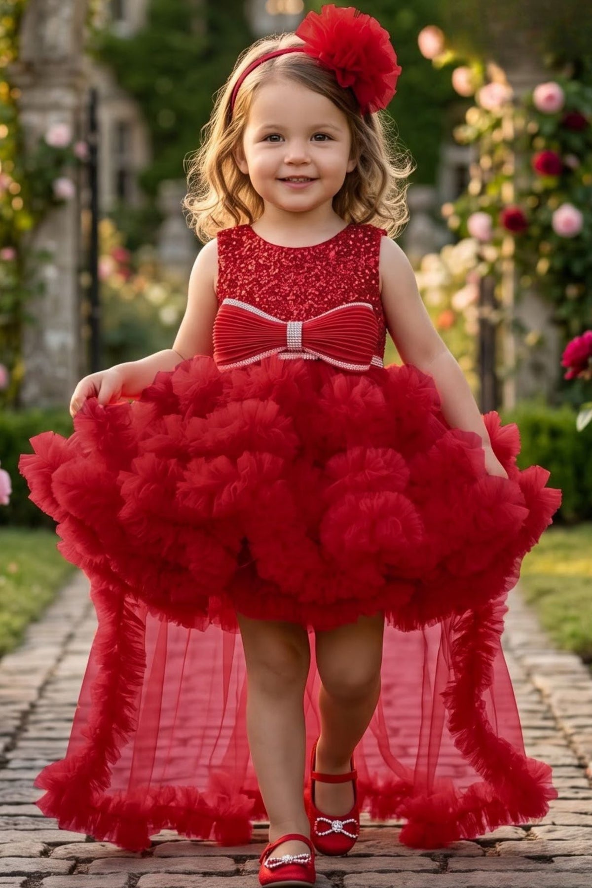 Girls Red Sequin High-Low Party Wear Frock