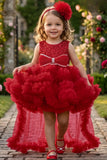 Girls Red Sequin High-Low Party Wear Frock