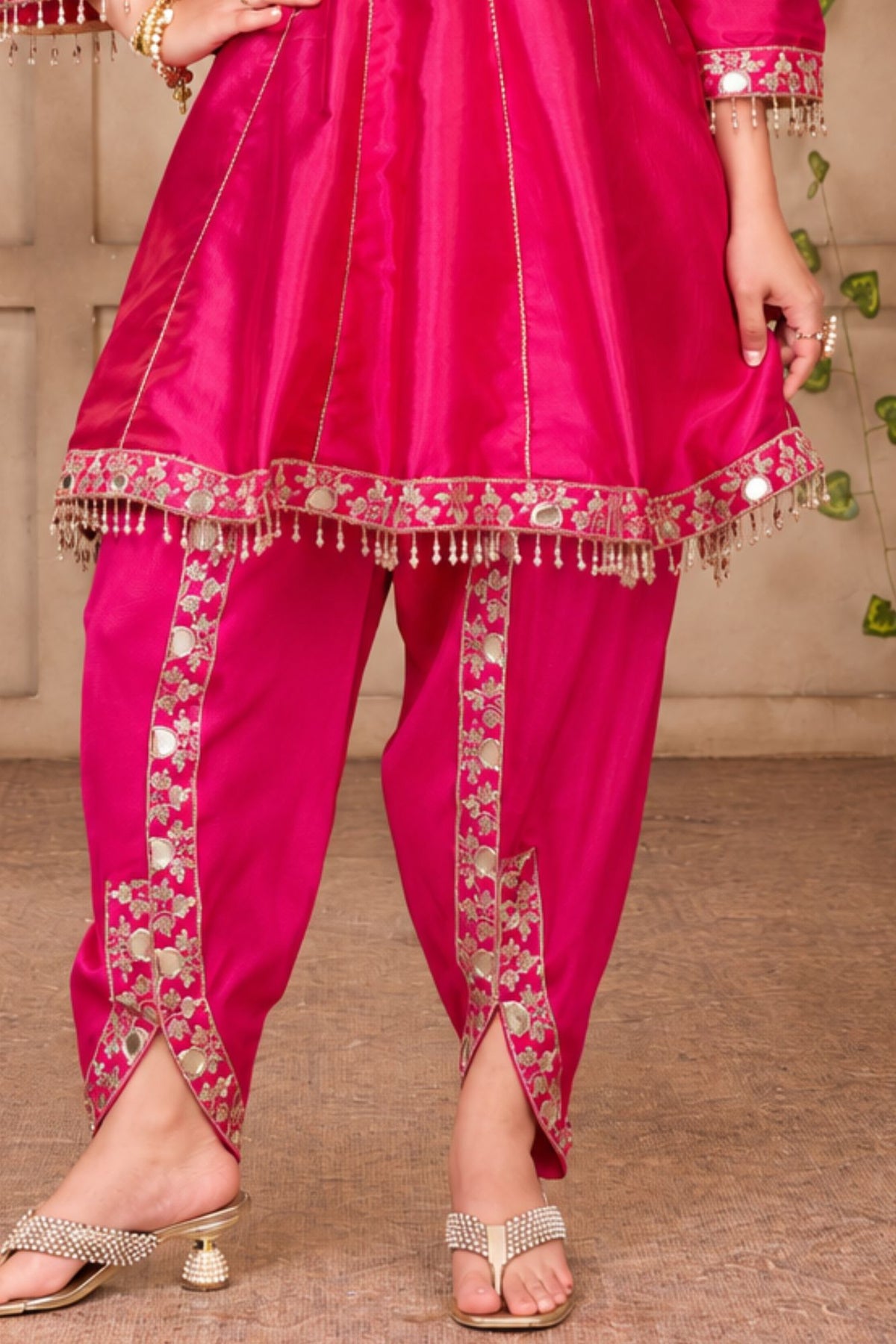 Girls Rani Pink Mirror Work Peplum Dhoti Set with Dupatta