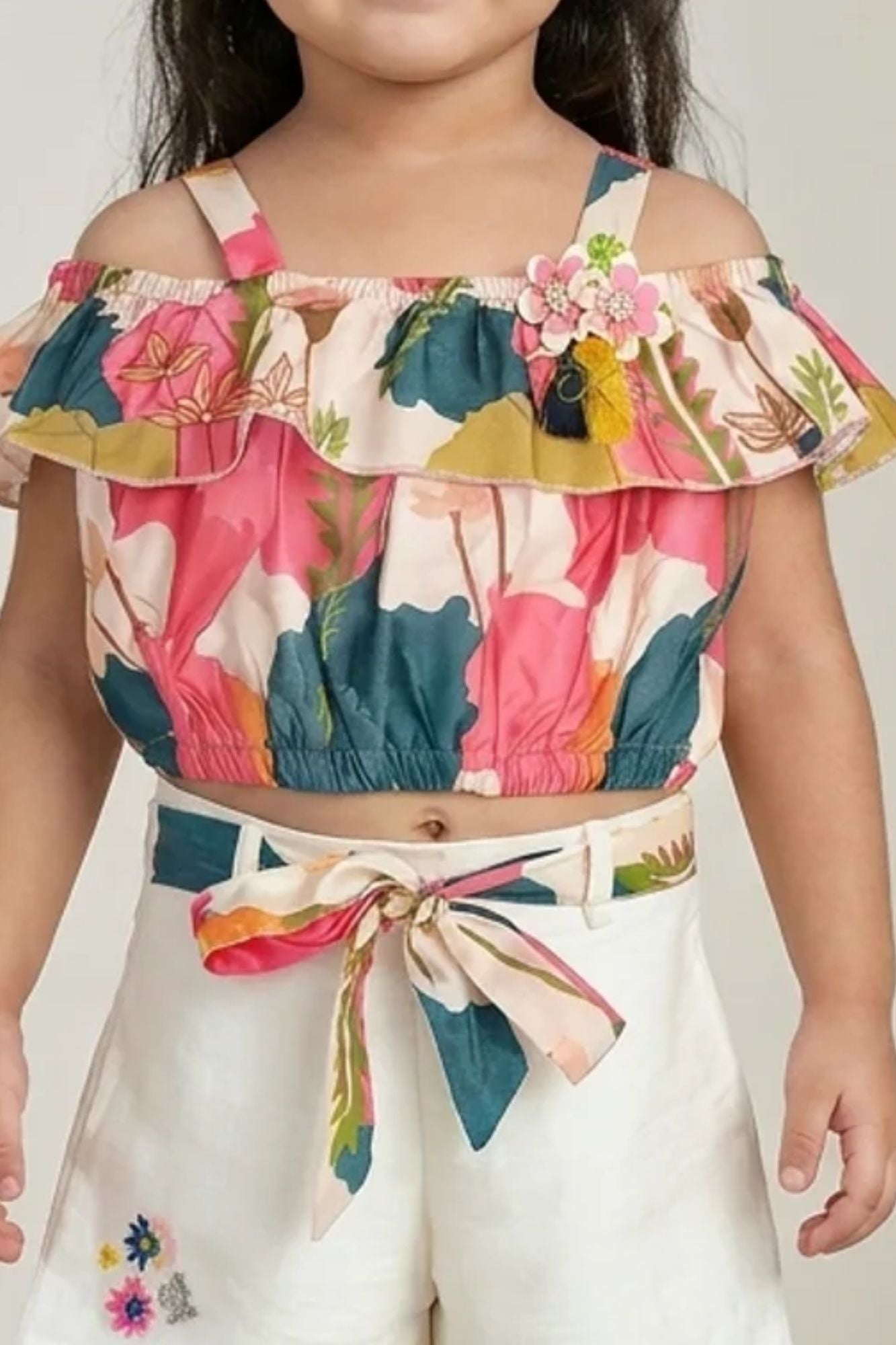Girls Multicolor Floral Off-Shoulder Top with White Shorts Co-Ord Set