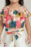 Girls Multicolor Floral Off-Shoulder Top with White Shorts Co-Ord Set