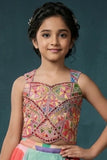 Multicolor Mirrorwork Crop Top & Printed Flared Lehenga Set for Girls