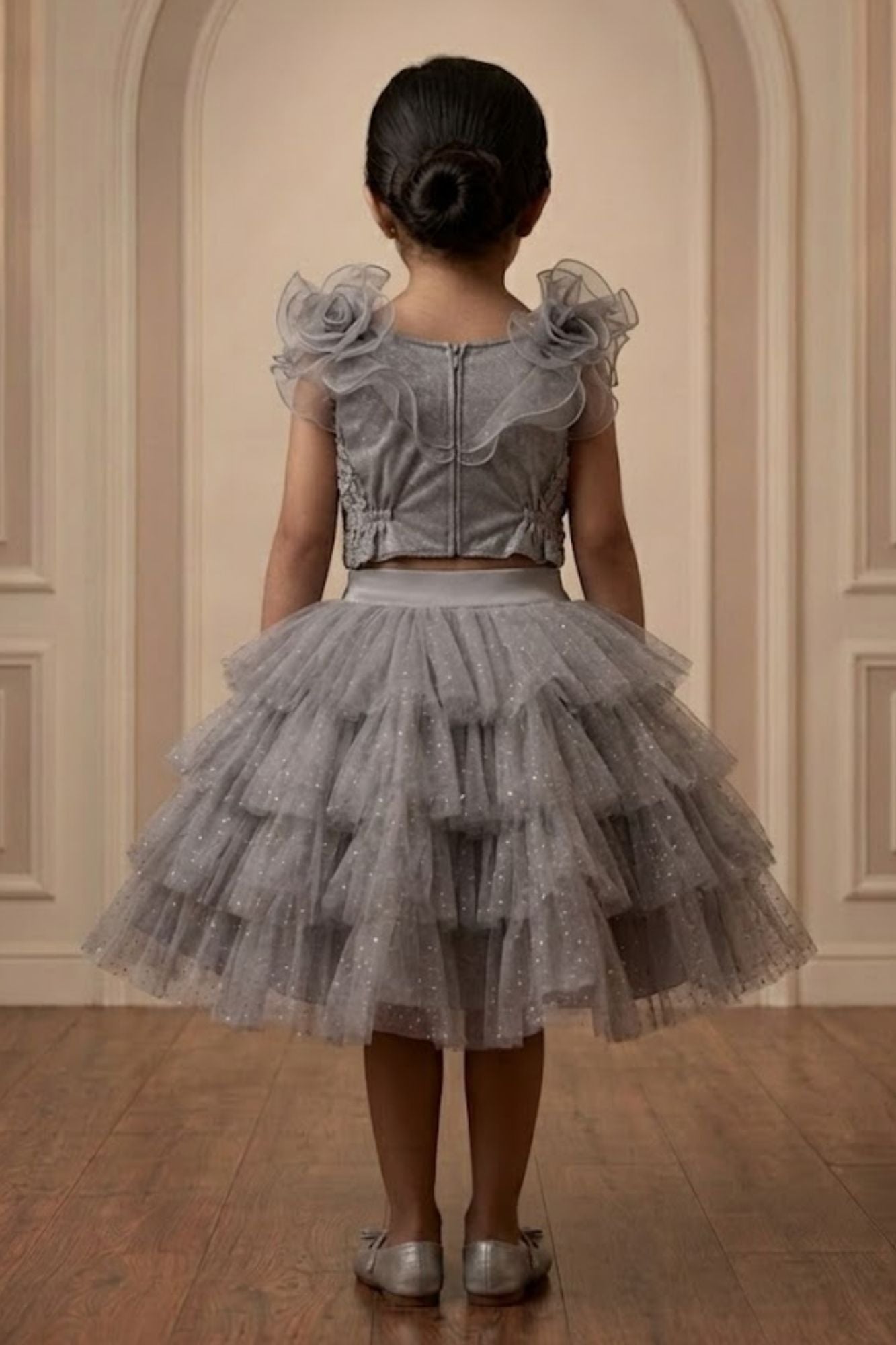 Girls Grey Layered Skirt Set with Embroidered Crop Top And Ruffle Detailing