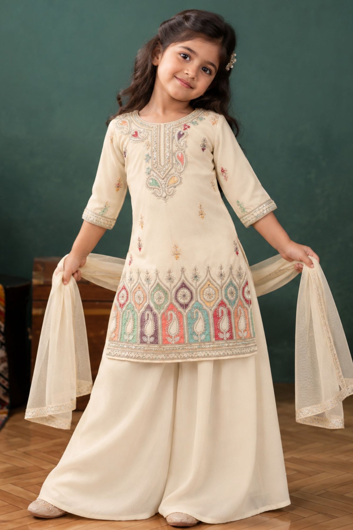 Beige Multicolor Embroidered Palazzo Set For Girls