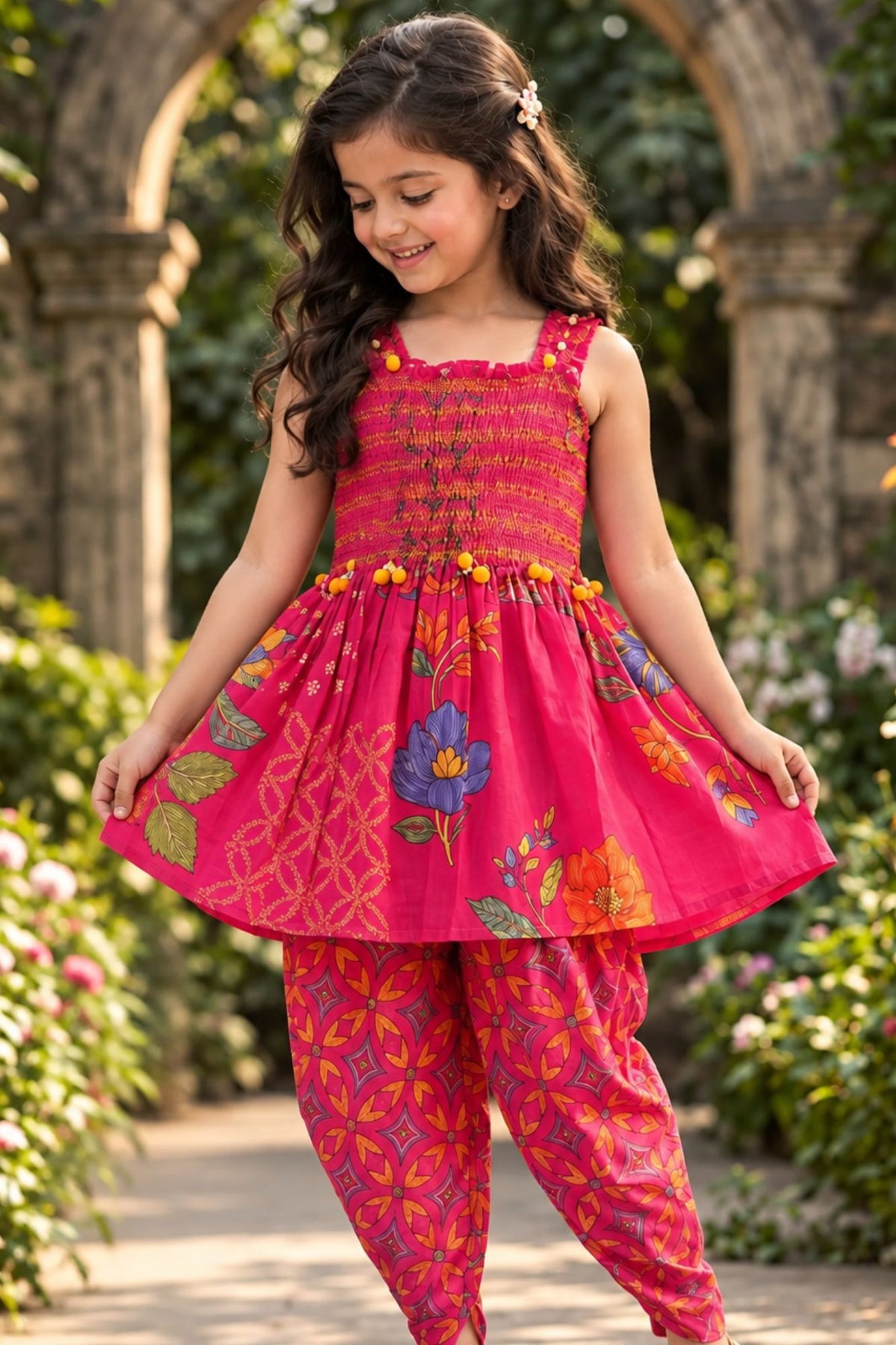 Girls Pink Floral Printed Smocked Dhoti Set with Dupatta