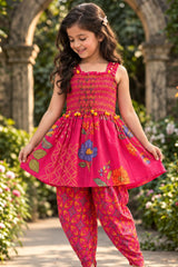 Girls Pink Floral Printed Smocked Dhoti Set with Dupatta