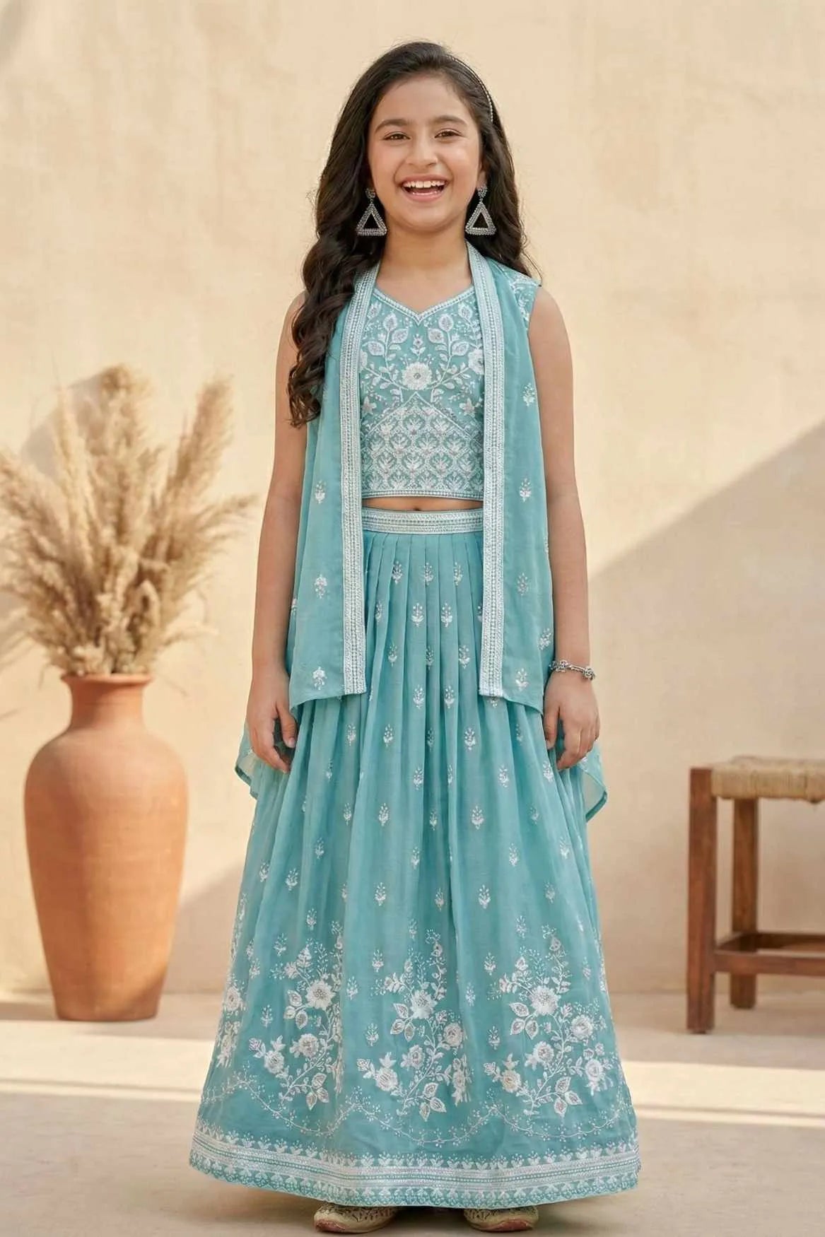 Firozi Embroidered Lehenga Choli with Layered Jacket For Girls