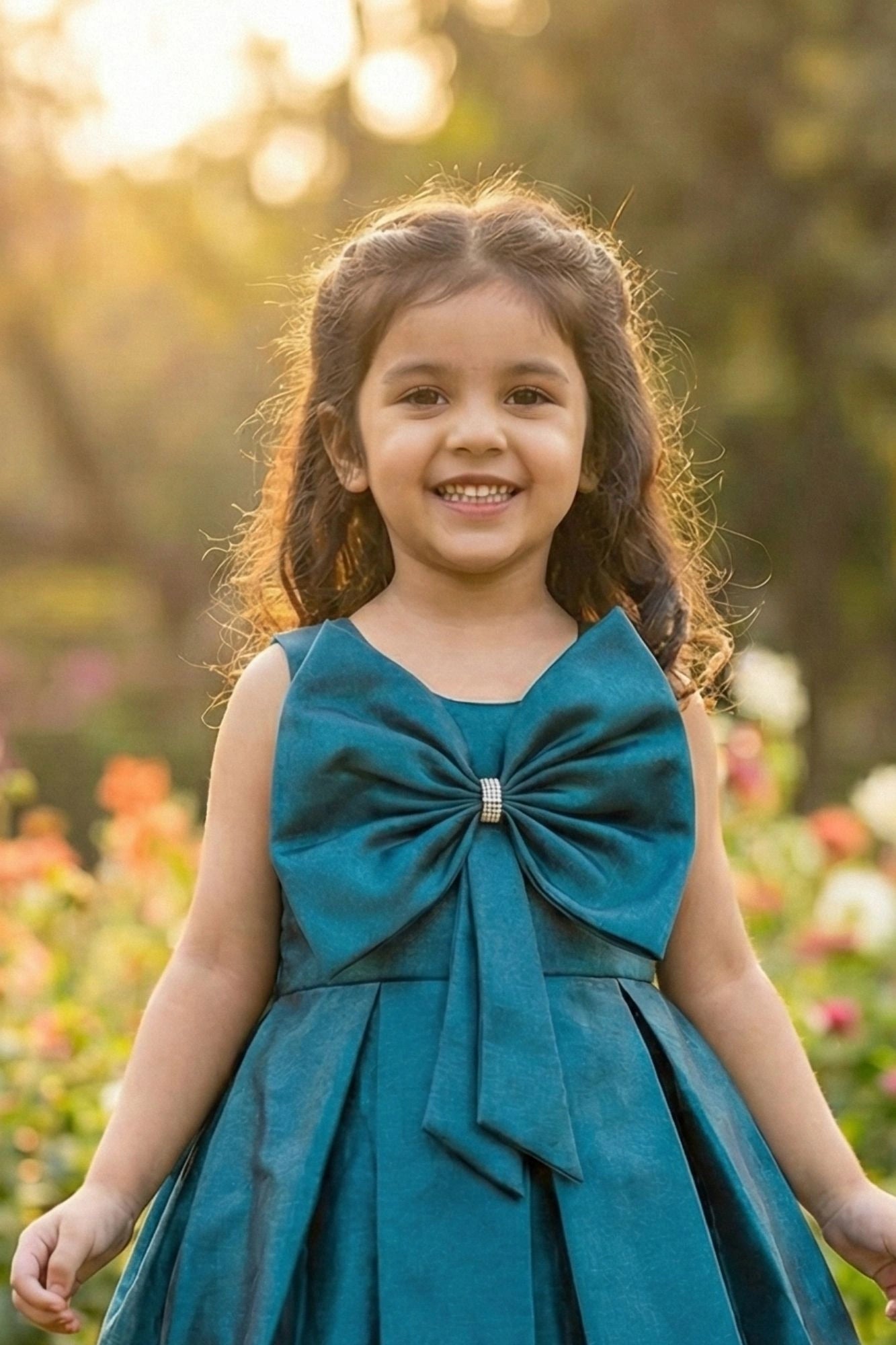 Teal Blue Big Bow Party Wear Frock For Girls