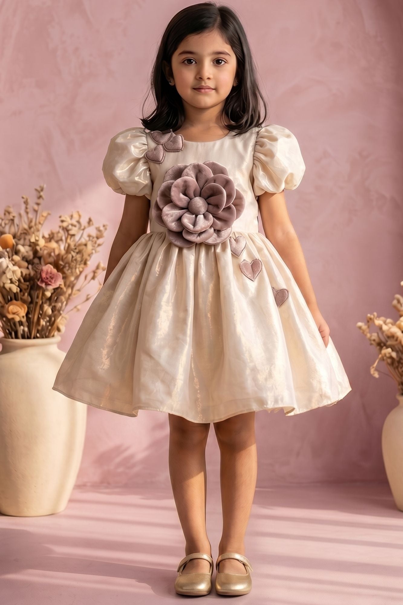 Fawn Floral Party Wear Frock For Baby Girls
