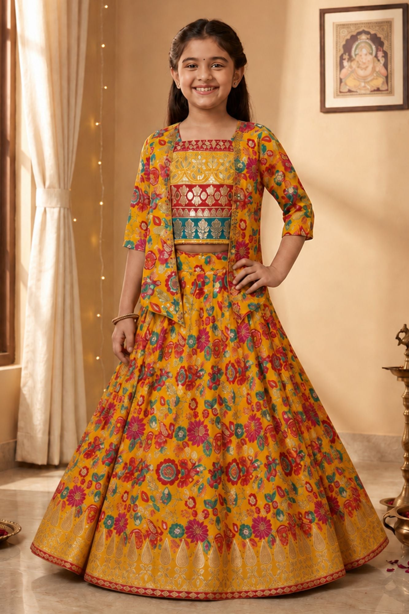 Mustard Yellow Floral Printed Jacket Style Lehenga Choli