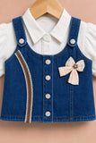 Girls Dark Blue Denim 3 Piece Co-Ord Set With Decorative Bow