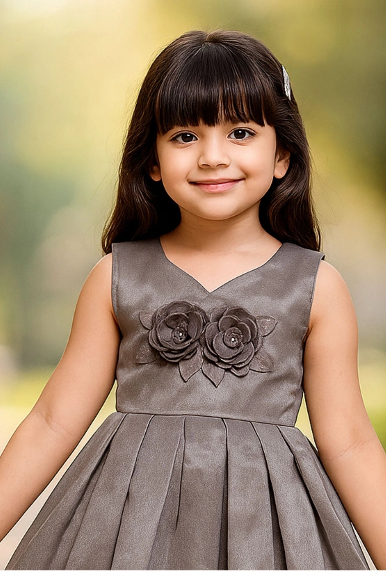 Shimmer Grey Party Wear Frock with 3D Floral Accent For Girls