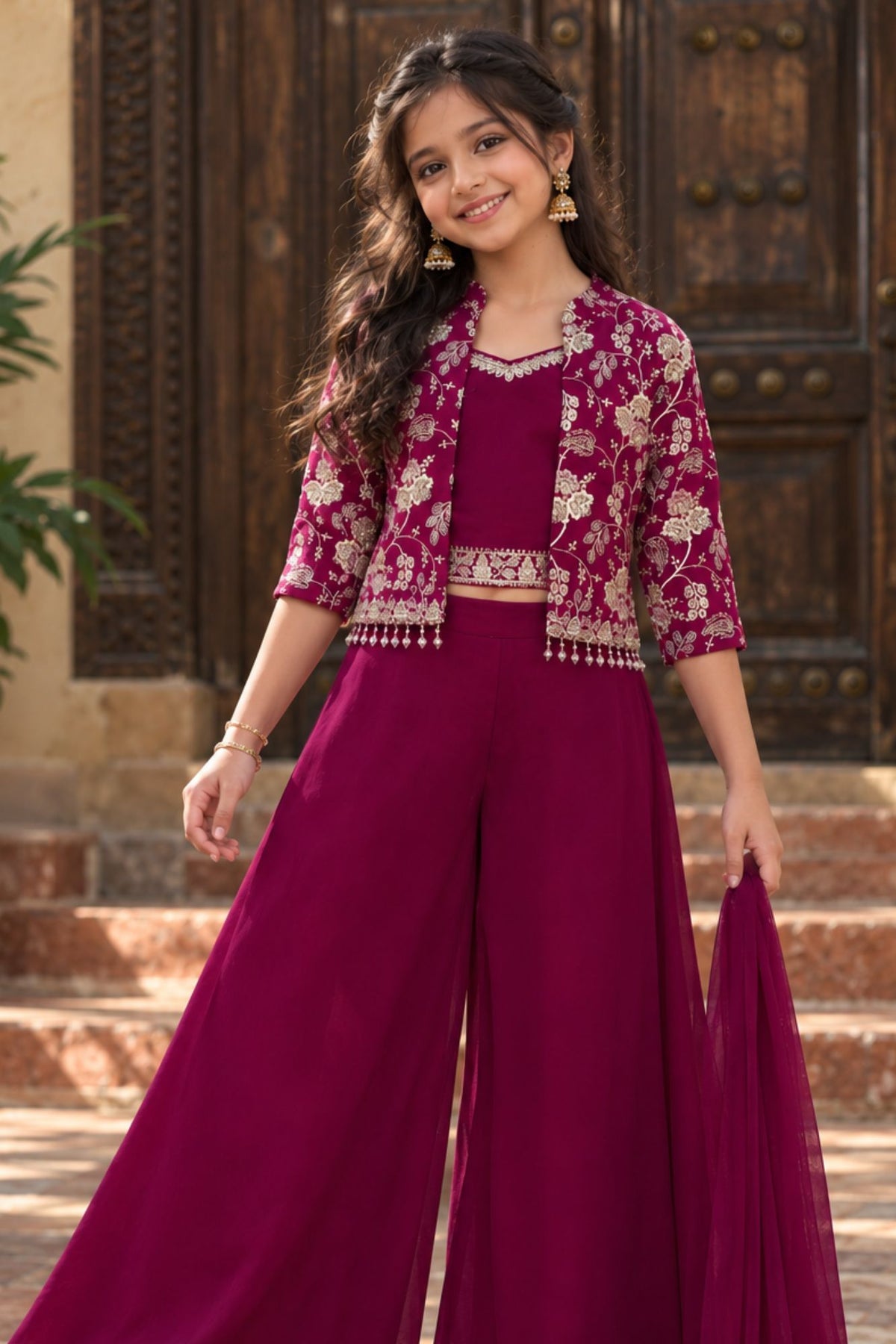Wine Purple Palazzo Set with Embroidered Jacket For Girls