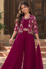 Wine Purple Palazzo Set with Embroidered Jacket For Girls