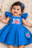 Blue Floral Embroidered Frock with Sling Bag For Girls