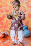Ivory Krishna Janmashtami Dhoti Set with Purple Batik Print Kurta for Boys