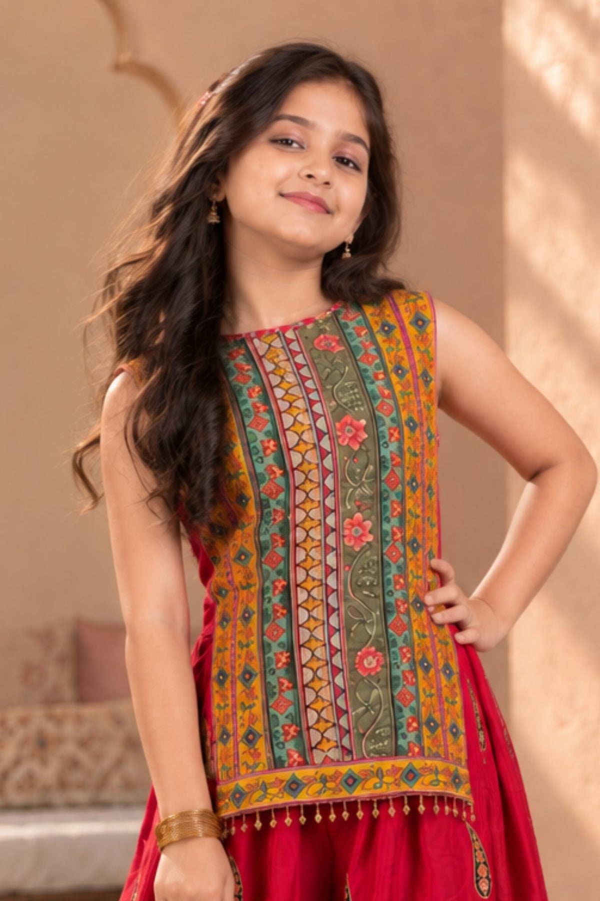 Red Multicolour Printed Palazzo Set for Girls