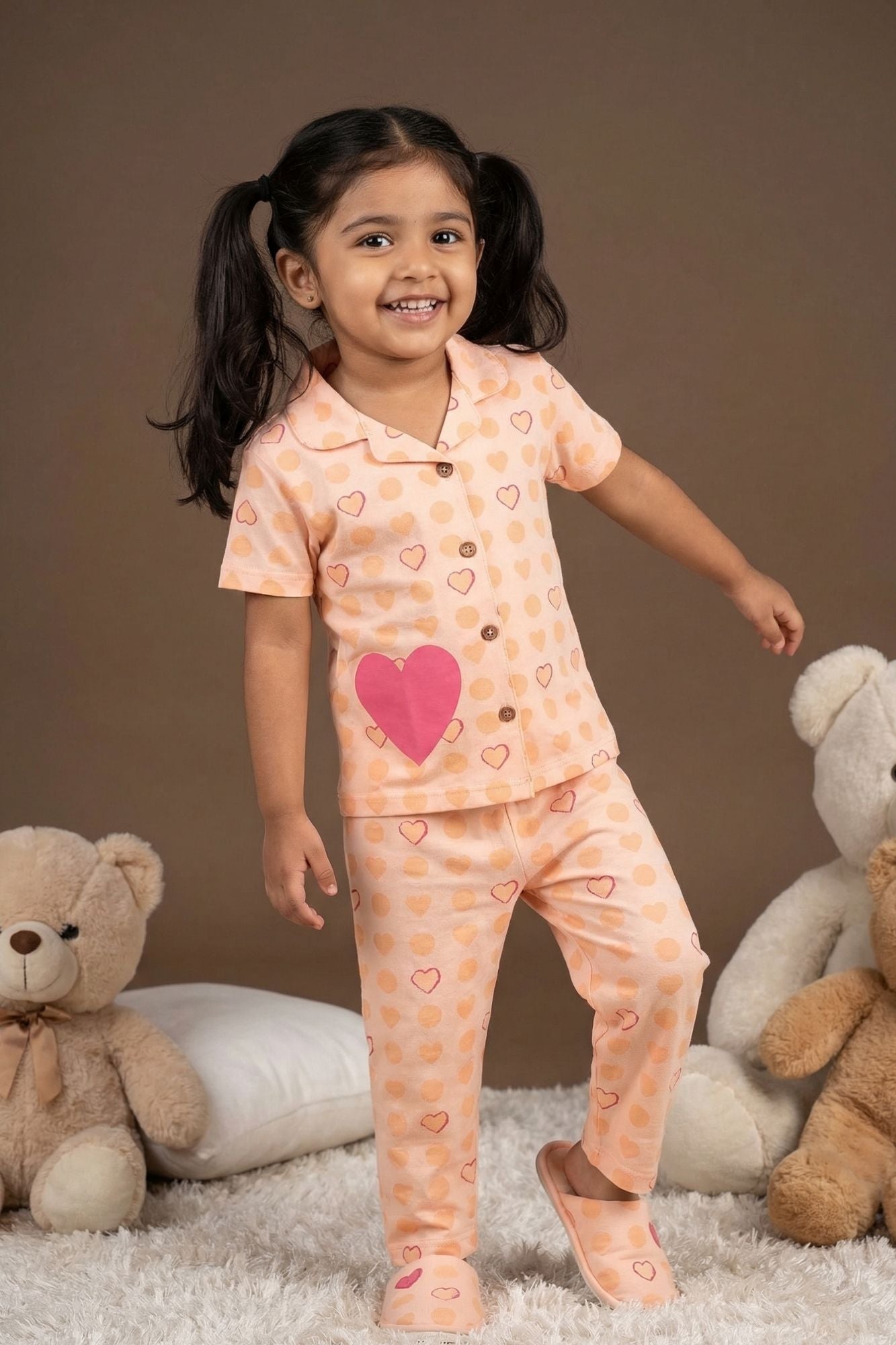 Peach Heart Print Night Suit Set For Girls