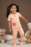 Peach Heart Print Night Suit Set For Girls