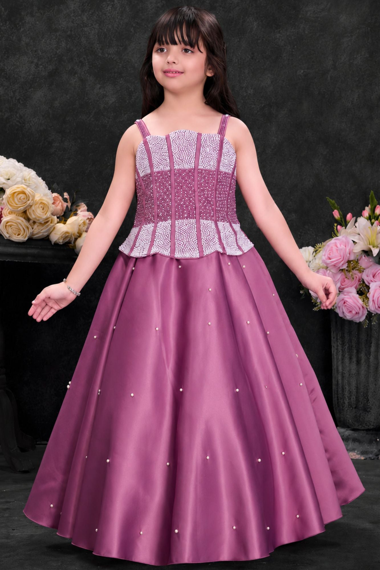 Onion Pink Embellished Party Wear Gown for Girls