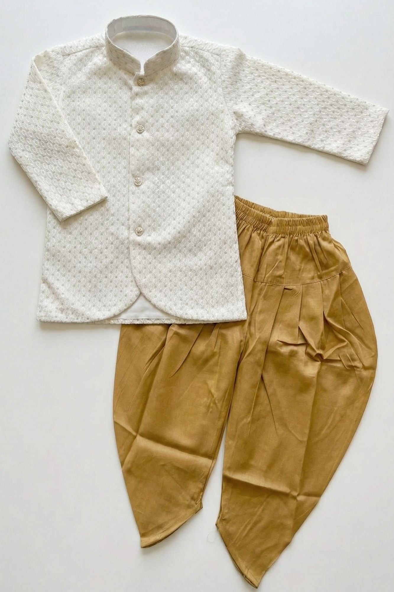 White Sequins Embroidered Kurta And Dhoti Set For Boys