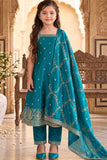 Girls Blue Embroidered Sleeveless Kurta Set With Dupatta