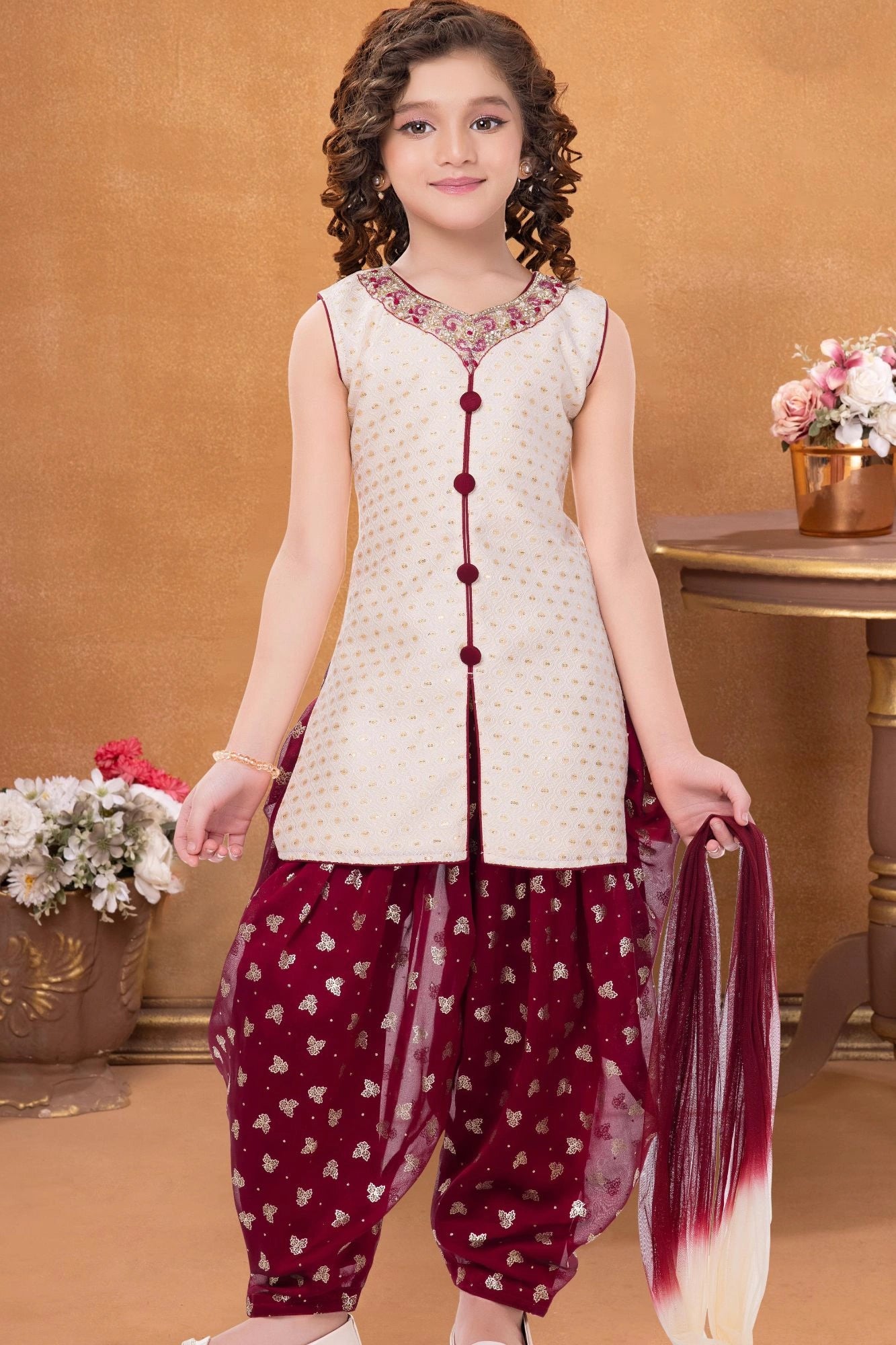 Cream and Maroon Embroidered Patiala Set with Dupatta For Girls