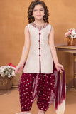 Cream and Maroon Embroidered Patiala Set with Dupatta For Girls