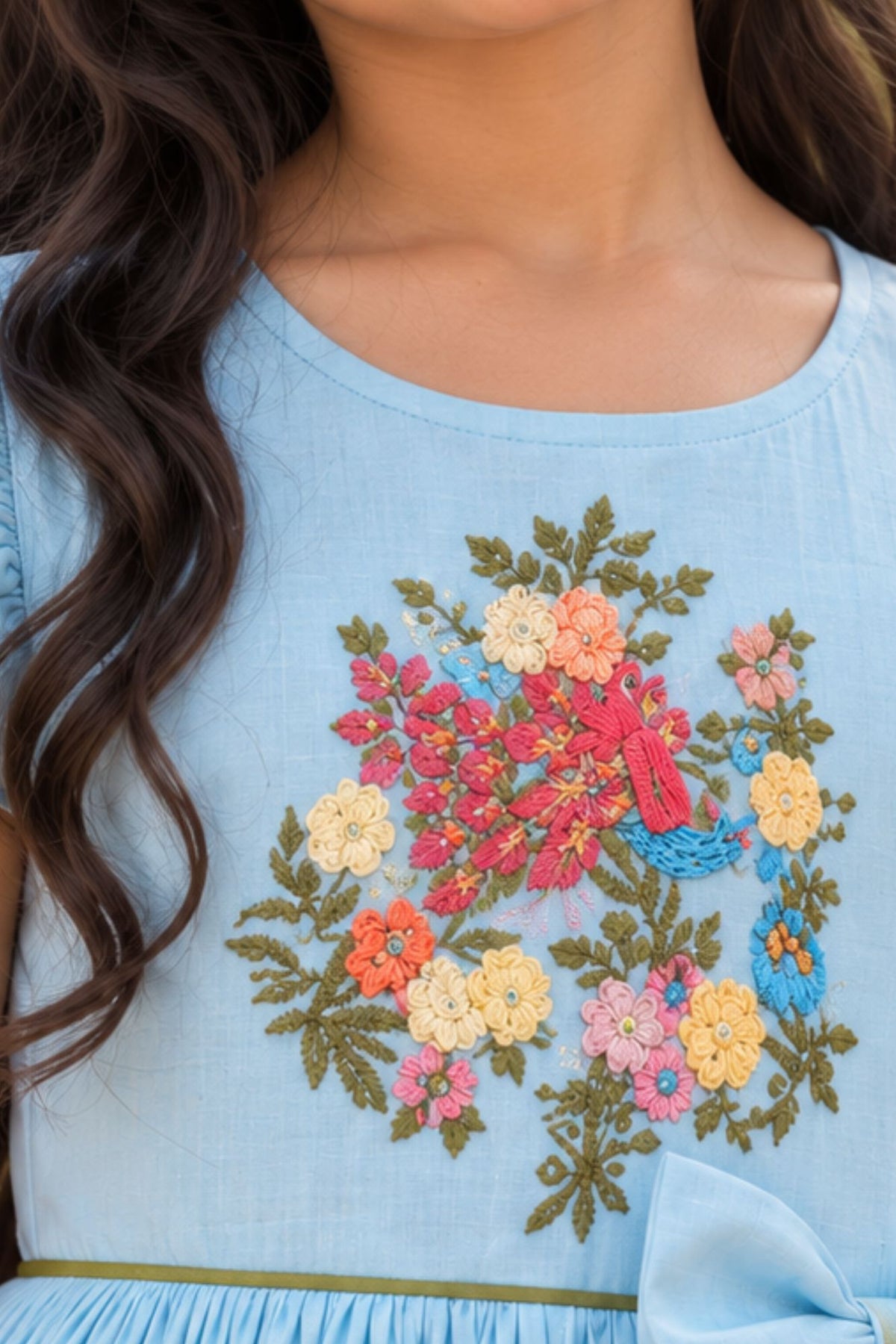 Girls Sky Blue Floral Embroidered Ruffle Sleeve Flared Dress