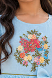 Girls Sky Blue Floral Embroidered Ruffle Sleeve Flared Dress