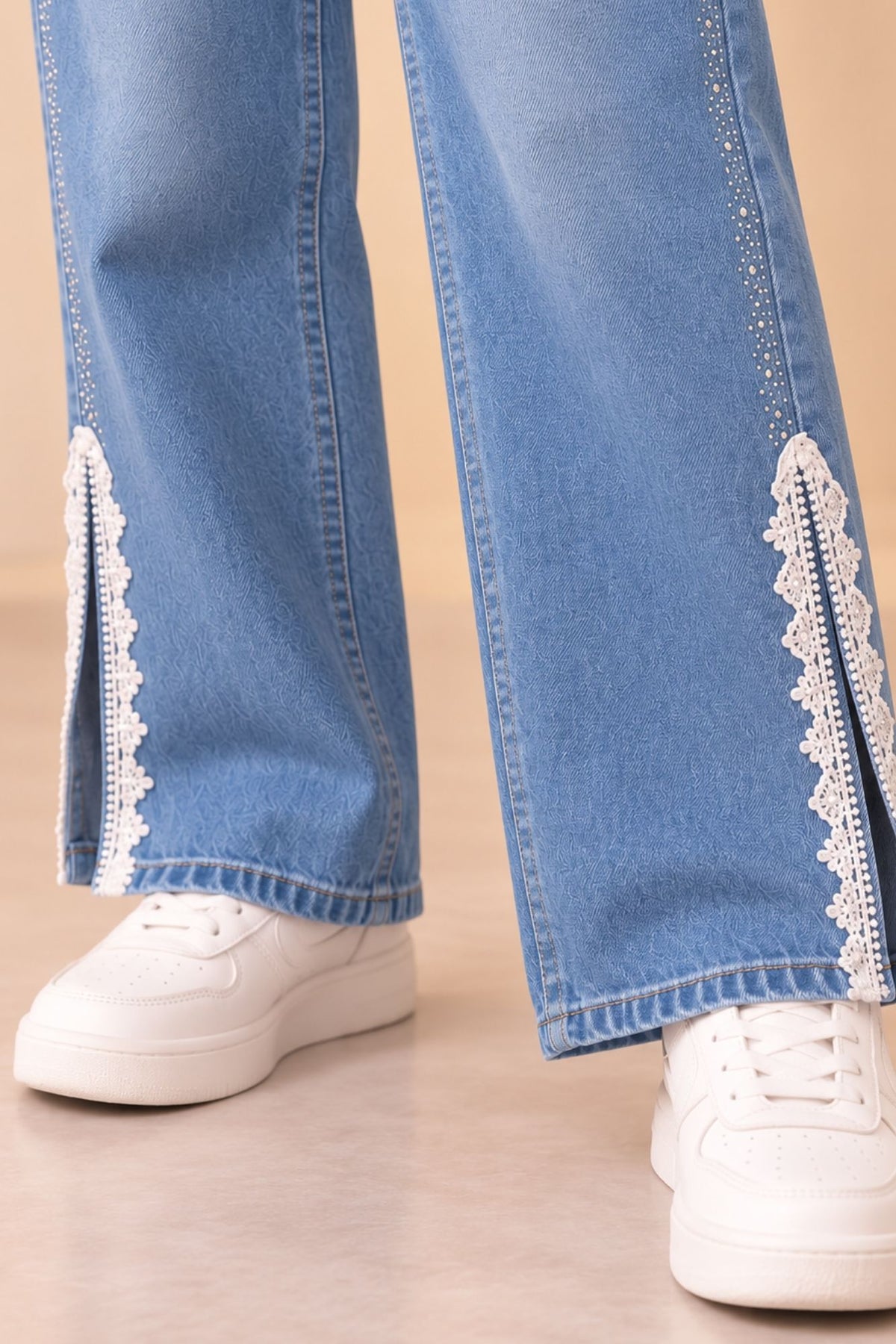 Girls Light Blue Butterfly Applique Lace Detail Wide Leg Denim Jeans