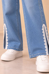 Girls Light Blue Butterfly Applique Lace Detail Wide Leg Denim Jeans