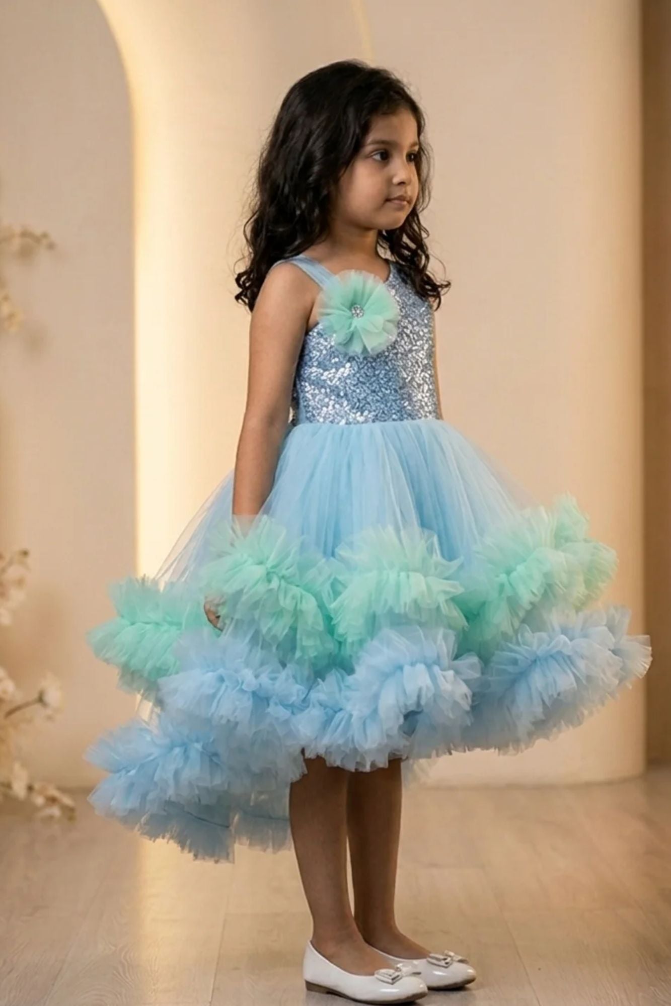 Blue Sequin Bodice Party Frock with Layered Ruffle Hem For Girls