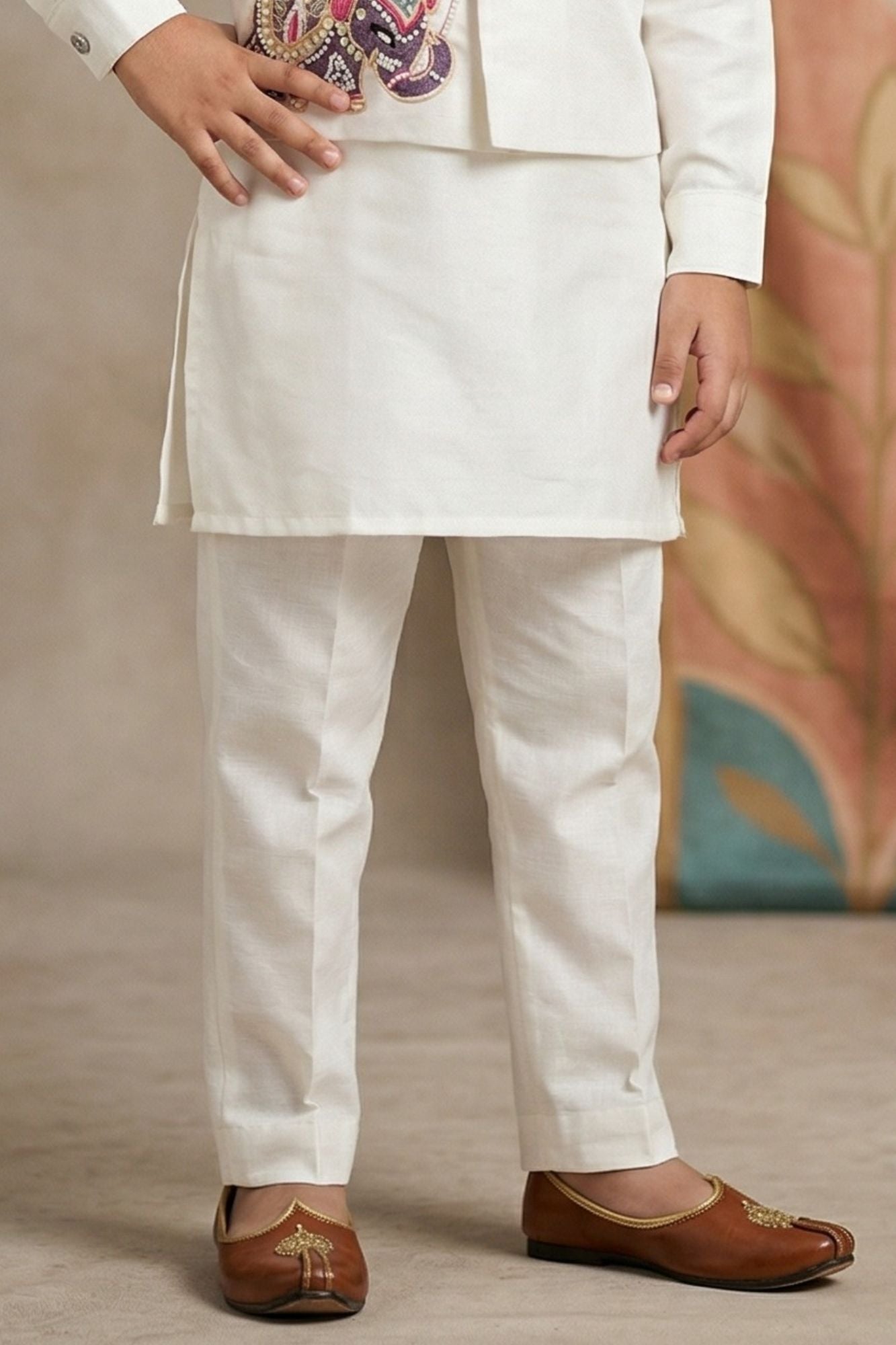 Boys White Kurta Set with Elephant Embroidered Nehru Jacket