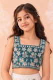 Girls Teal & Ivory Ombre Floral Embroidered Lehenga Choli Set