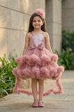 Dusty Pink High-Low Party Wear Frock With Floral Embellishment For Girls