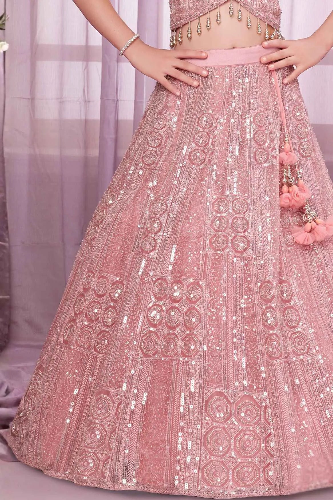 Blush Pink Heavy Sequin Embroidered Lehenga Choli Set For Girls