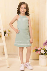 Sea Green Printed Top And Skirts Sets For Girls